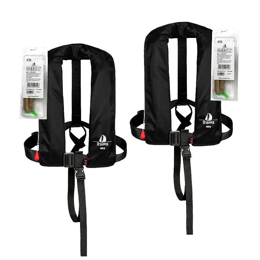Set di 2 12skipper giubbotto di salvataggio automatico 165N ISO con imbragatura, nero, incl. 2 kit di manutenzione