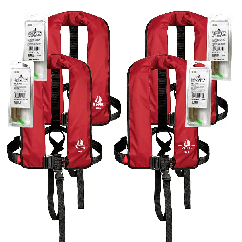 Set di 4 12skipper giubbotto di salvataggio automatico 165N ISO con imbragatura, rosso, incl. 4 kit di manutenzione
