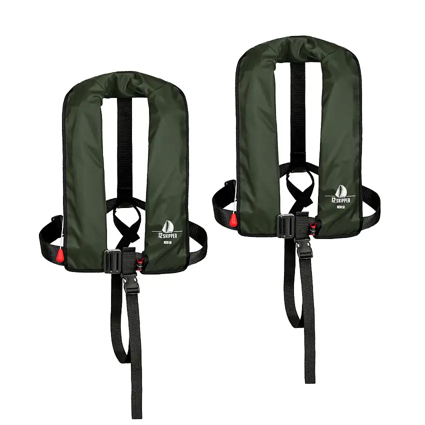Set di 2 12skipper giubbotto di salvataggio automatico 165N ISO con imbragatura, verde oliva