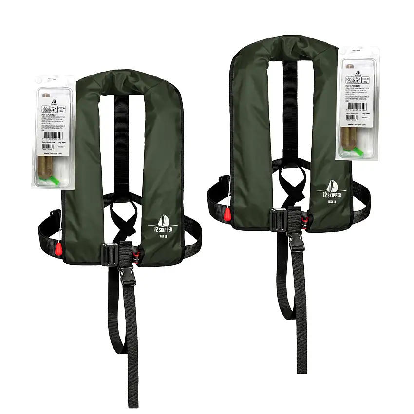 Set di 2 12skipper giubbotto di salvataggio automatico 165N ISO con imbragatura, verde oliva incl. 2 kit di manutenzione