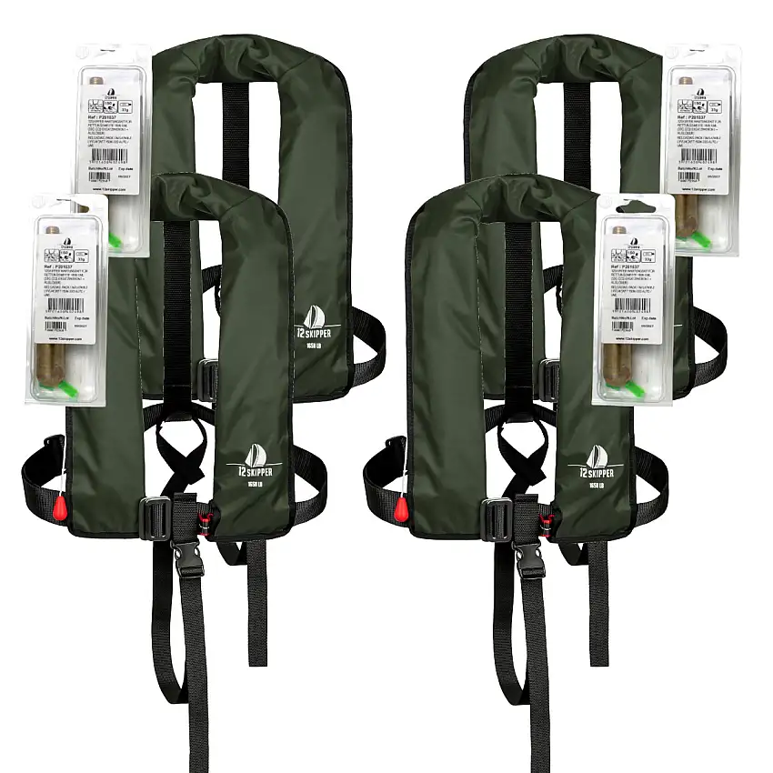 Set di 4 12skipper giubbotto di salvataggio automatico 165N ISO con imbragatura, verde oliva incl. 4 kit di manutenzione