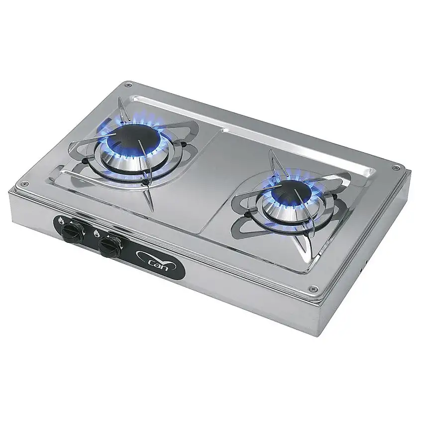 FORNELLO CUCINA PIANO COTTURA INOX A GAS MM.440X290XH90 DUE FUOCHI PORTATA 1900W